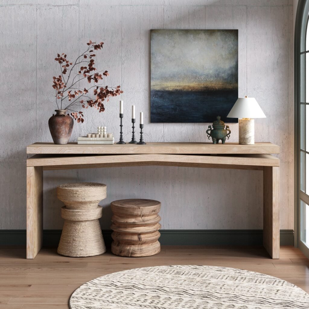 65-Inch Rustic Solid Wood Veneer Console Table, Long Farmhouse Entryway Sofa Table For Living Room, Hallway, Behind Couch, Apartment, Antique Natural Wood