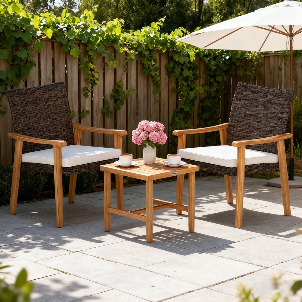 3 Pieces Patio PE Wicker Furniture Set Acacia Wood Outdoor Conversation Bistro Set