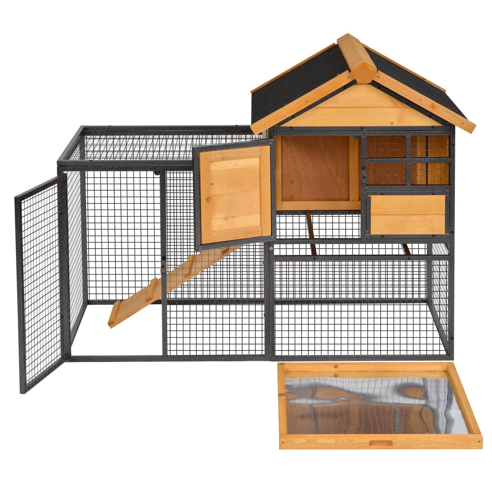 Outdoor Rabbit Cage Elevated Pet House w/ Slide-Out Tray, Natural Wood & Black - Image 3
