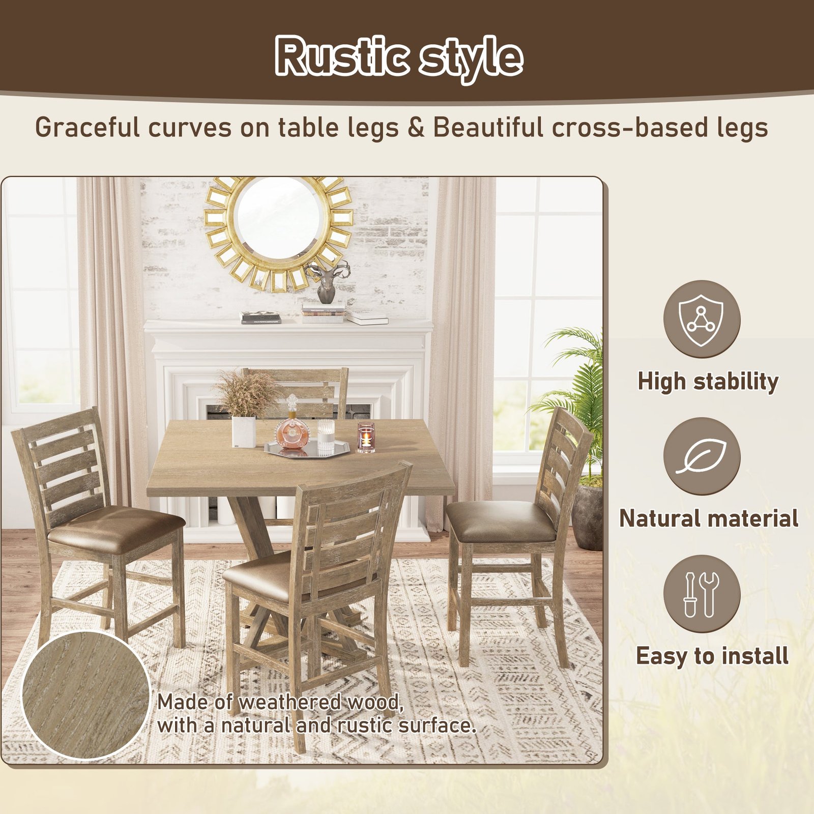 Set Of 2 Counter Height Dining Chairs Rustic Distressed Wood - Image 12