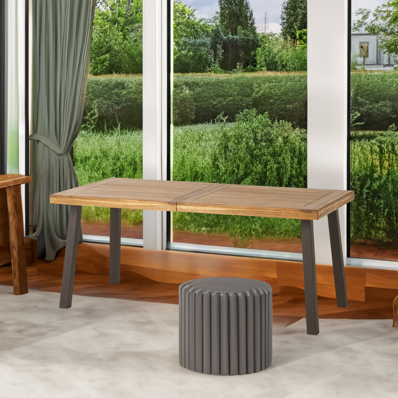 Acacia Wood Dining Table With Slatted Top And Dark Metal Legs
