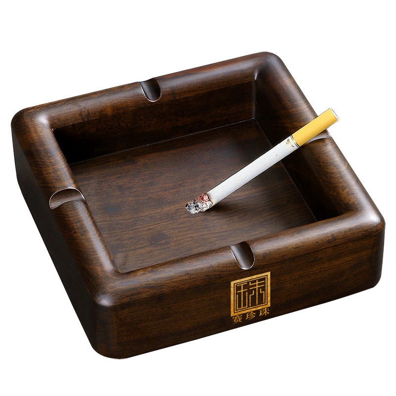 Square Dark Wood Ashtray With 4 Cigarette Rests