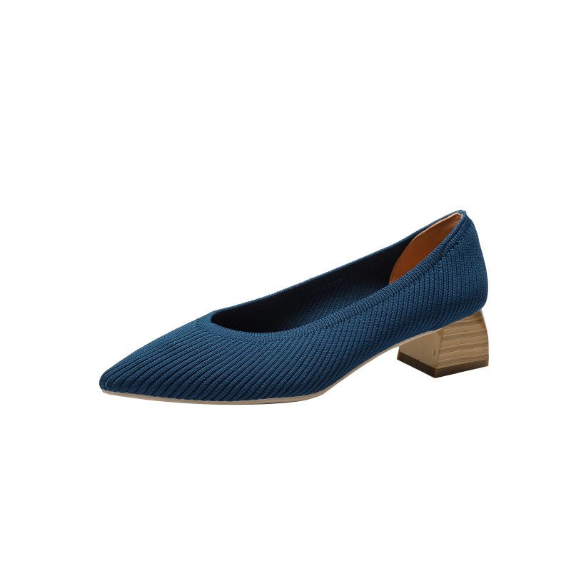 Wood Grain Thick Heel Pointed Breathable Casual Pumps - Image 9