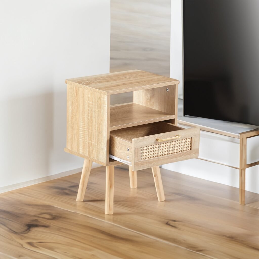 Natural Wood Nightstand with Rattan Drawer and Open Shelf