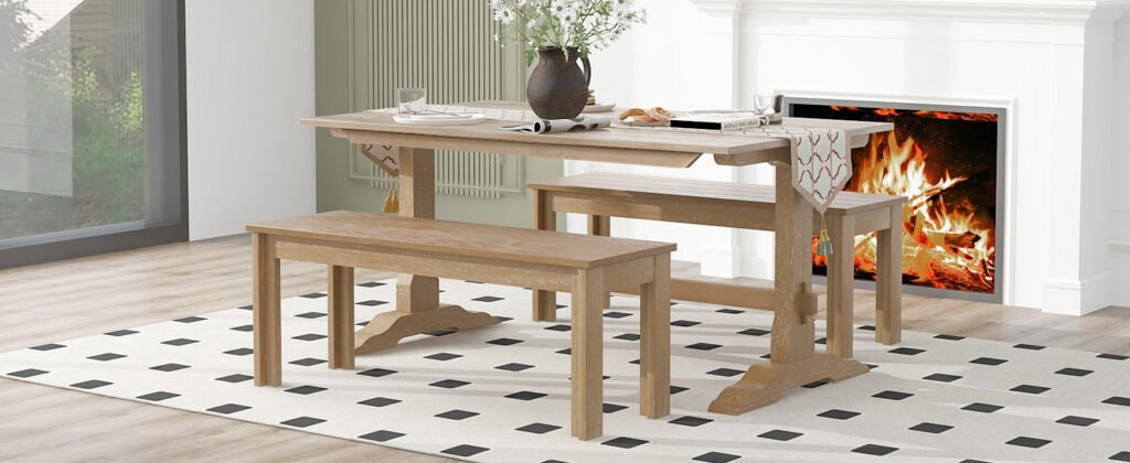 Natural Wood 3-Piece Dining Set With Two Benches