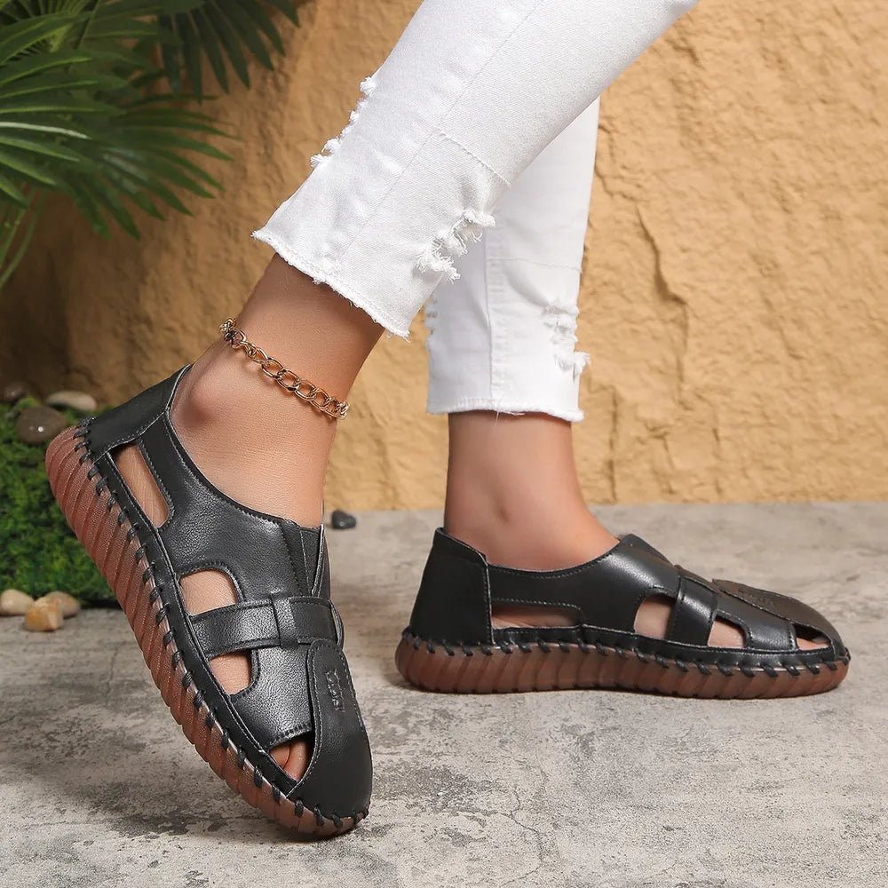 PU Leather Cutout Round-Toe Flat Sandals - Image 4