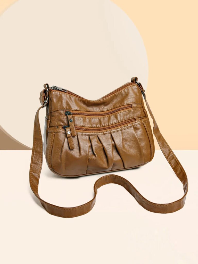 Ruched PU Leather Shoulder Bag With Front Zip Pockets