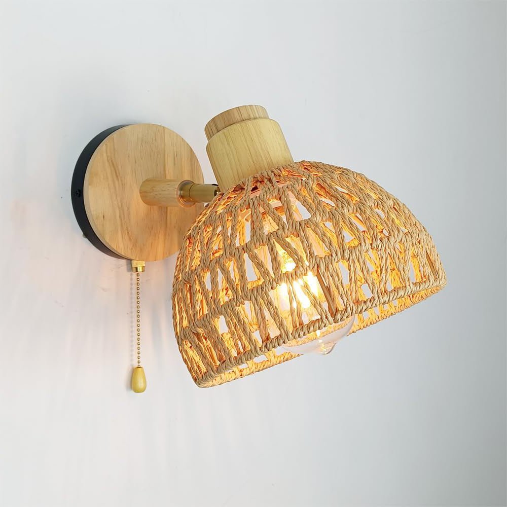 Wicker Bedside Mirror Wall Lamp