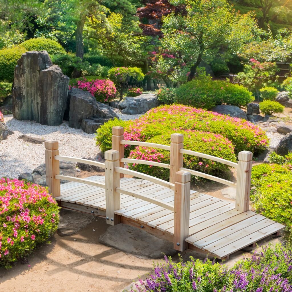 5 Ft Wooden Garden Bridge Arc Footbridge With Railings For Your Backyard, Natural Wood