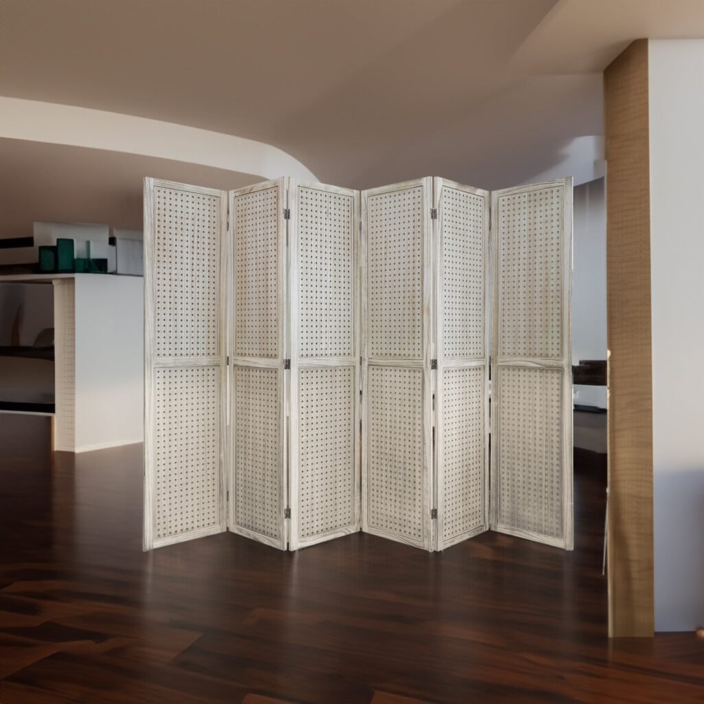 6-Panel Wooden Pegboard Room Divider – Folding Privacy Screen