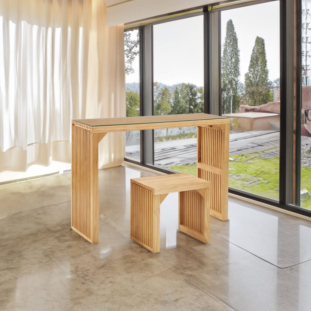 Natural Pine Wood Small Table And Bench Set