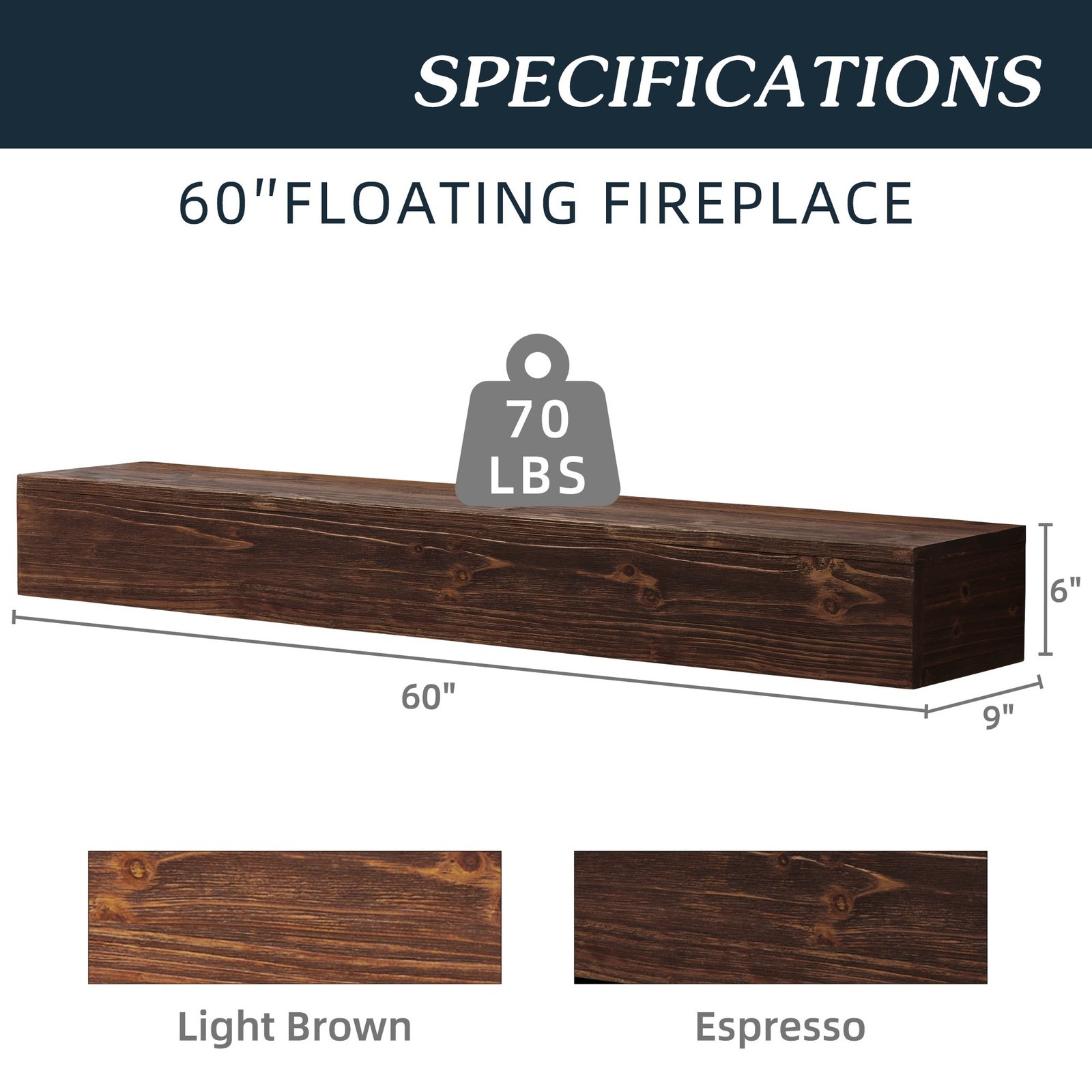 60-Inch Rustic Espresso Wood Floating Shelf - Image 2