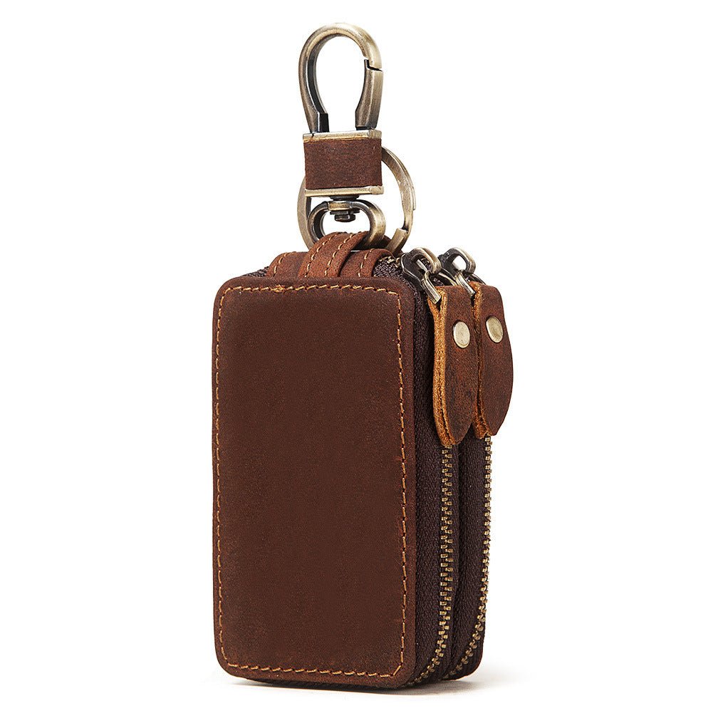 Crazy Horse Leather Double-Zipper Car Key Pouch