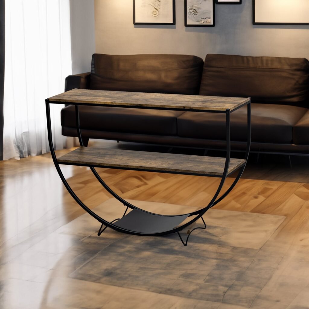 Rustic Industrial Half Round Console Table With Curved Metal Frame