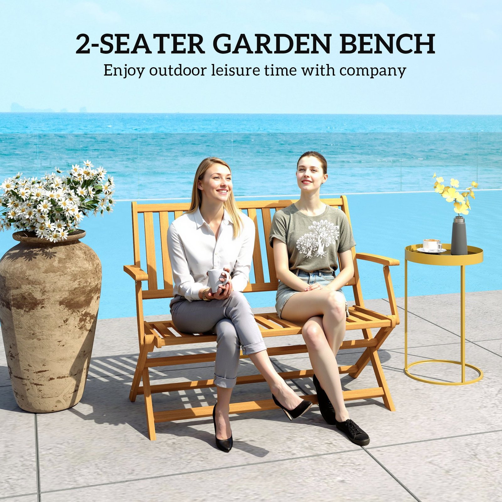 2-Person Foldable Wood Outdoor Bench with Backrest and Armrests for Garden, Porch, Park, Balcony, Teak - Image 3
