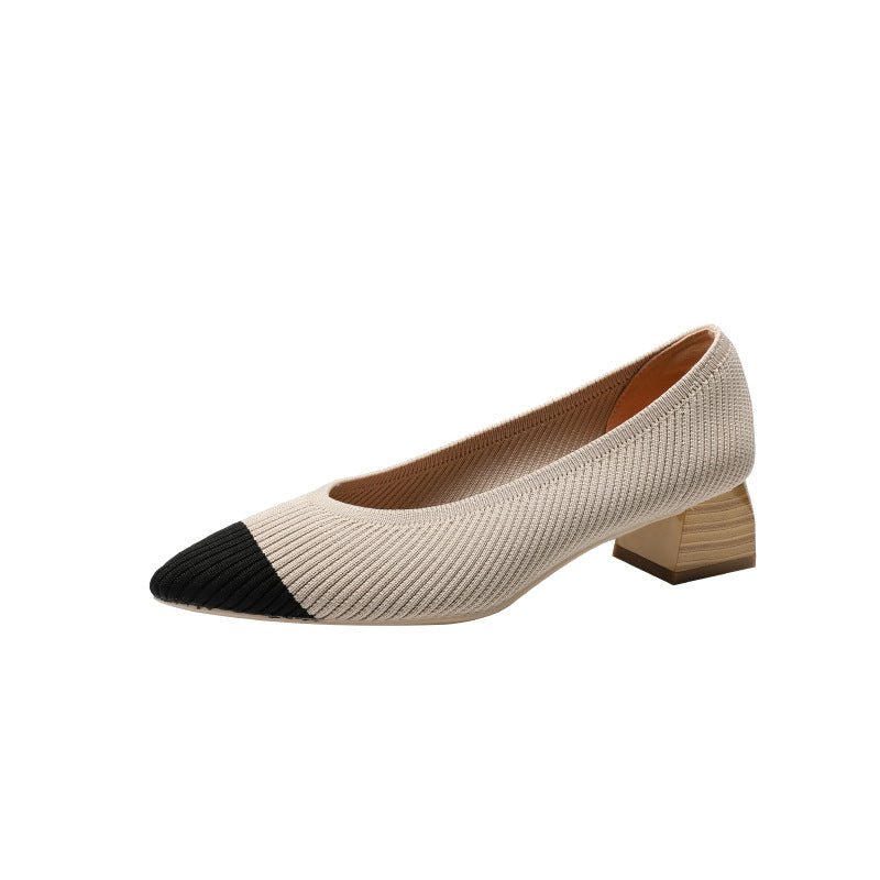 Wood Grain Thick Heel Pointed Breathable Casual Pumps - Image 6