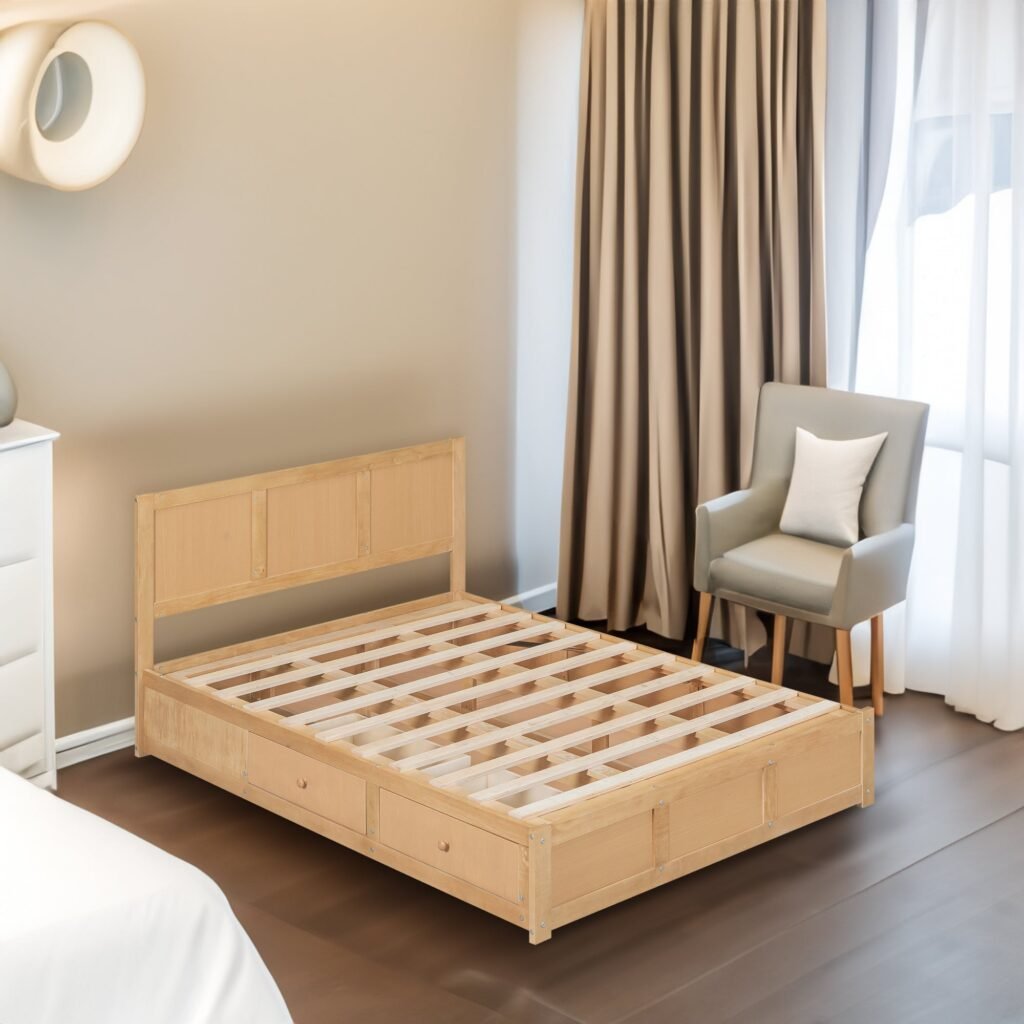 Full Size Wood Platform Bed Frame with Storage Drawers, Natural