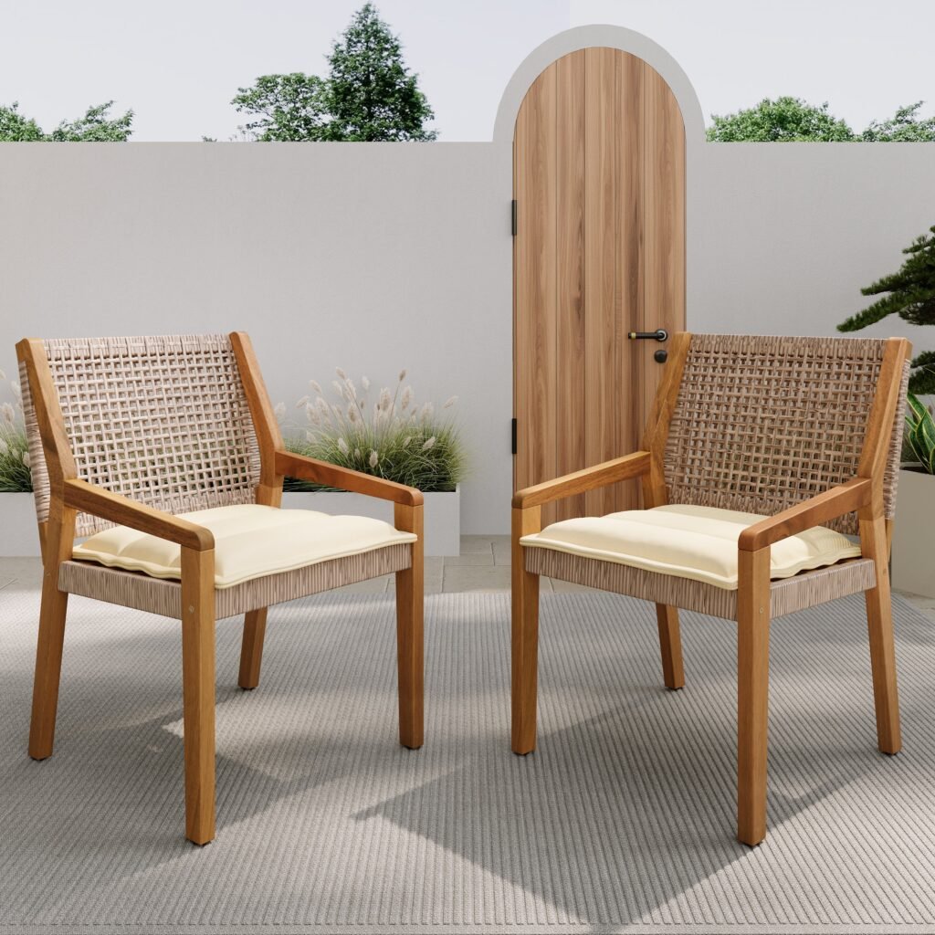 OUTDOOR DINING CHAIR -Acacia Wood & Wicker With Cream Cushion Patio Furniture-Teak Finish & Wicke Brown -MP2 Set Of 2