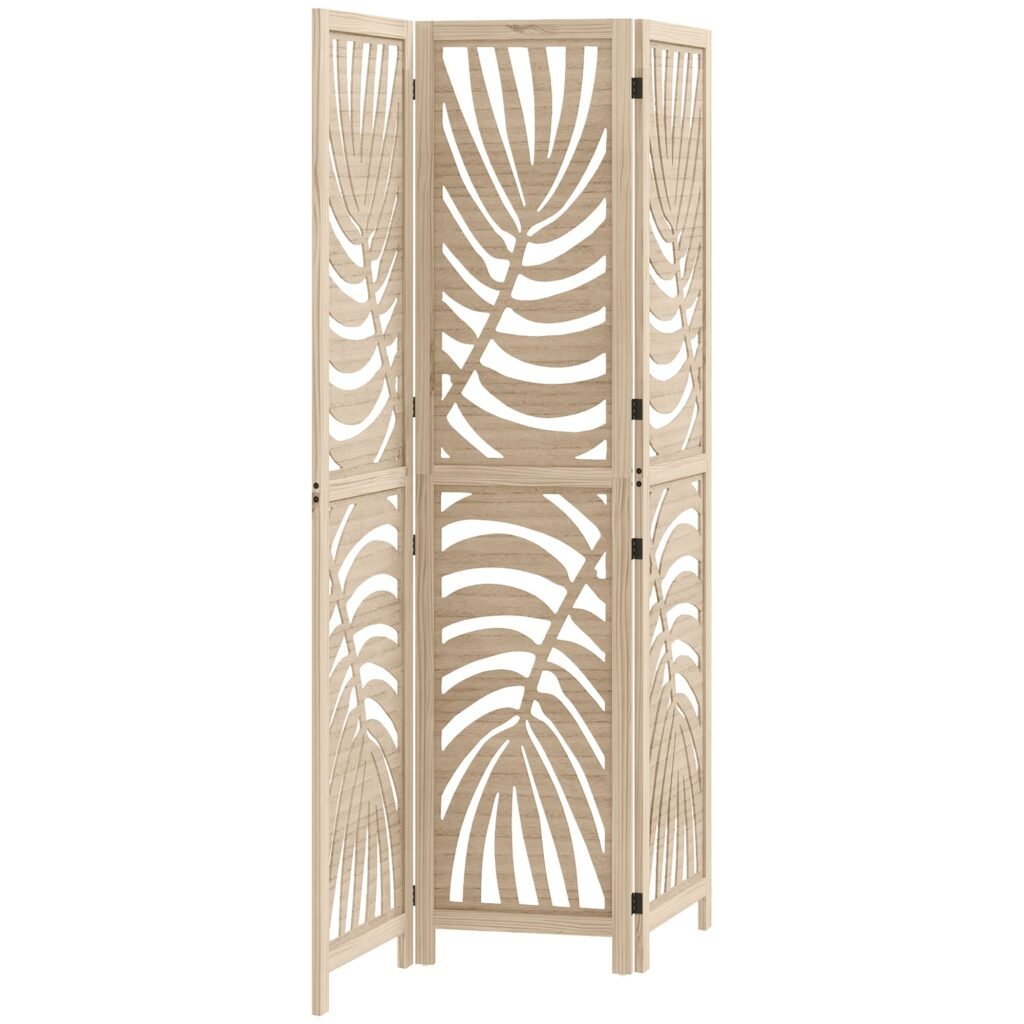 3 Panel Room Divider, Detachable Folding Privacy Screens With Palm Leaf Design For Home Office, Natural Wood Finish