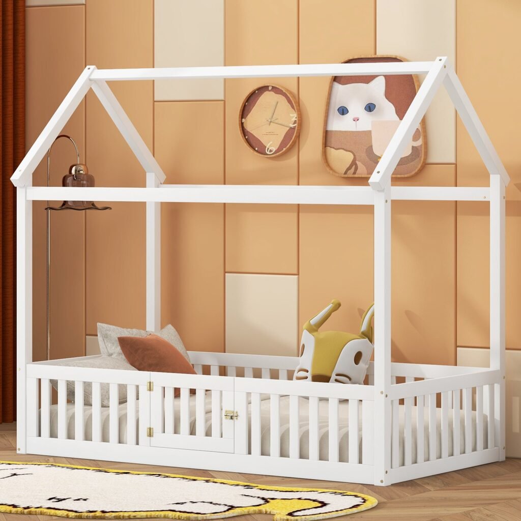 White Wooden Twin House Bed With Fence Rail and Door