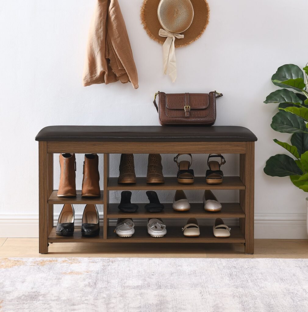 A Height-adjustable Long Shoe-changing Bench,made Of Natural Rubberwood,comes With A Comfortable Seat,concealed Storage Space And Large Storage Compartments. Features Natural Wood Grain.Brown