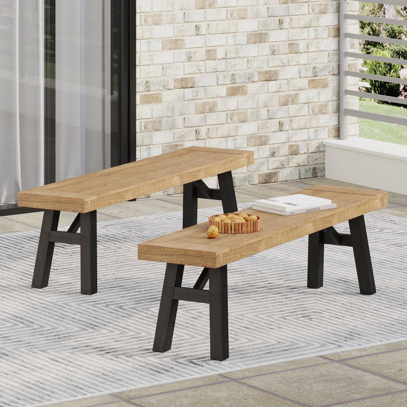 Outdoor Bench With Slat Panel Design And Acacia Wood Frame Set Of 2 , Natural And Grey