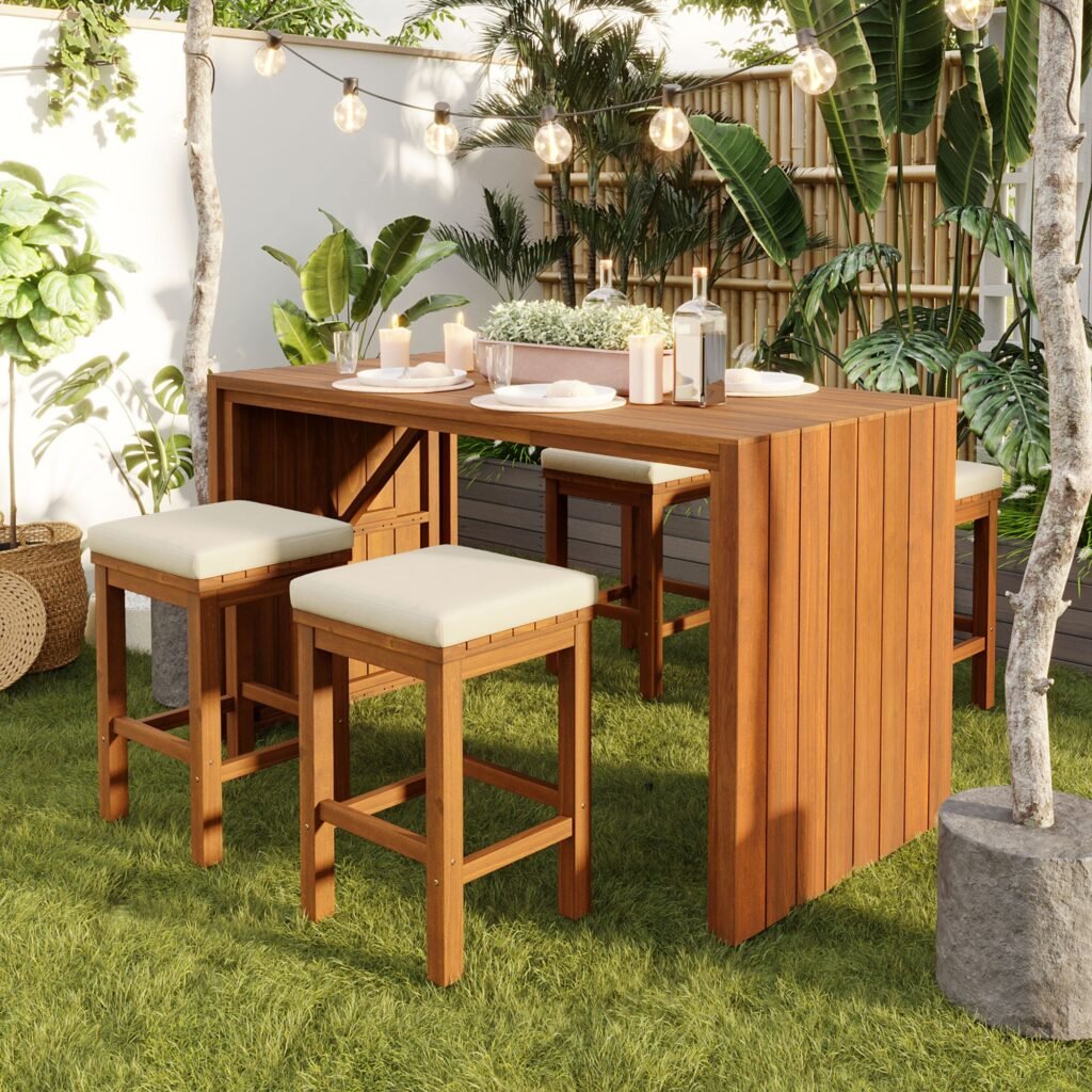 5 Piece Outdoor Bar Set, Patio Acacia Wood Bar Height Table & Four Stools With Cushions, Wood Dining Bar Set For Backyard, Poolside, Balcony, Beige Cushion And Natural Wood