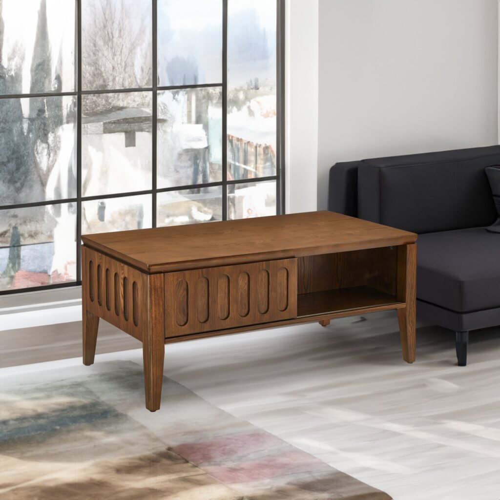 Mid-Century Fluted Coffee Table with Sliding Door Storage, Walnut