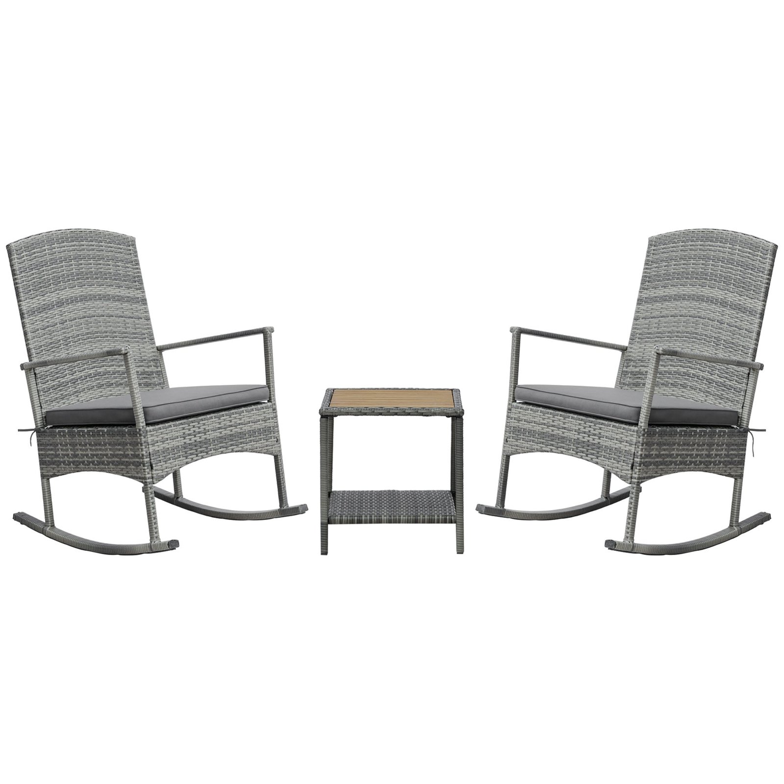 3 Piece Outdoor PE Rattan Rocking Chair Set, Patio Wicker Recliner Rocker Chair with Soft Cushion & Nature Wood Top Coffee Table, Gray - Image 9