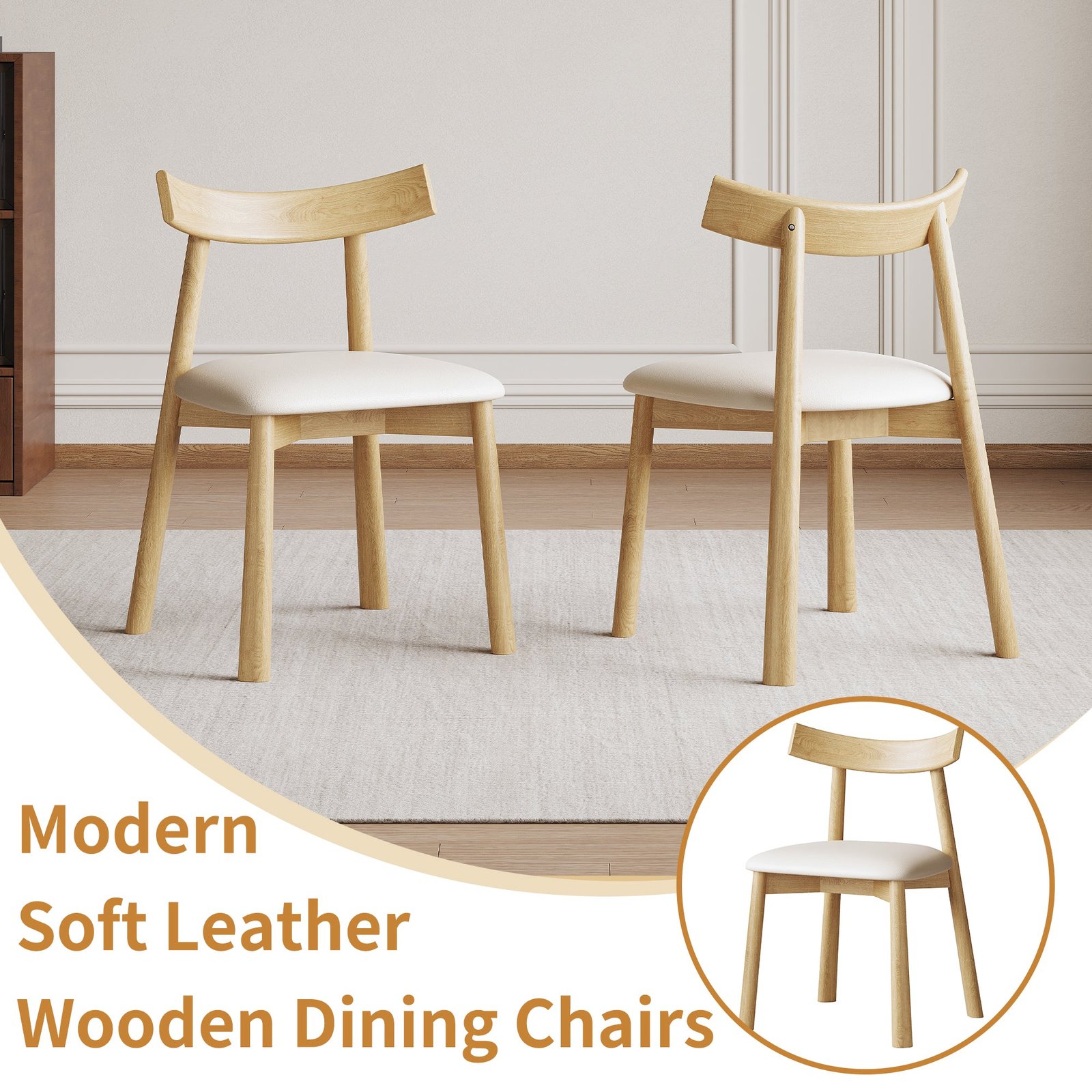Set Of 2 Modern Dining Chairs In Natural Wood Ergonomic Armless Kitchen Chairs With Thick Leather Cushions & Curved Backrest Sturdy Wooden Leg Chairs For Restaurant Cafe Bedroom - Image 5