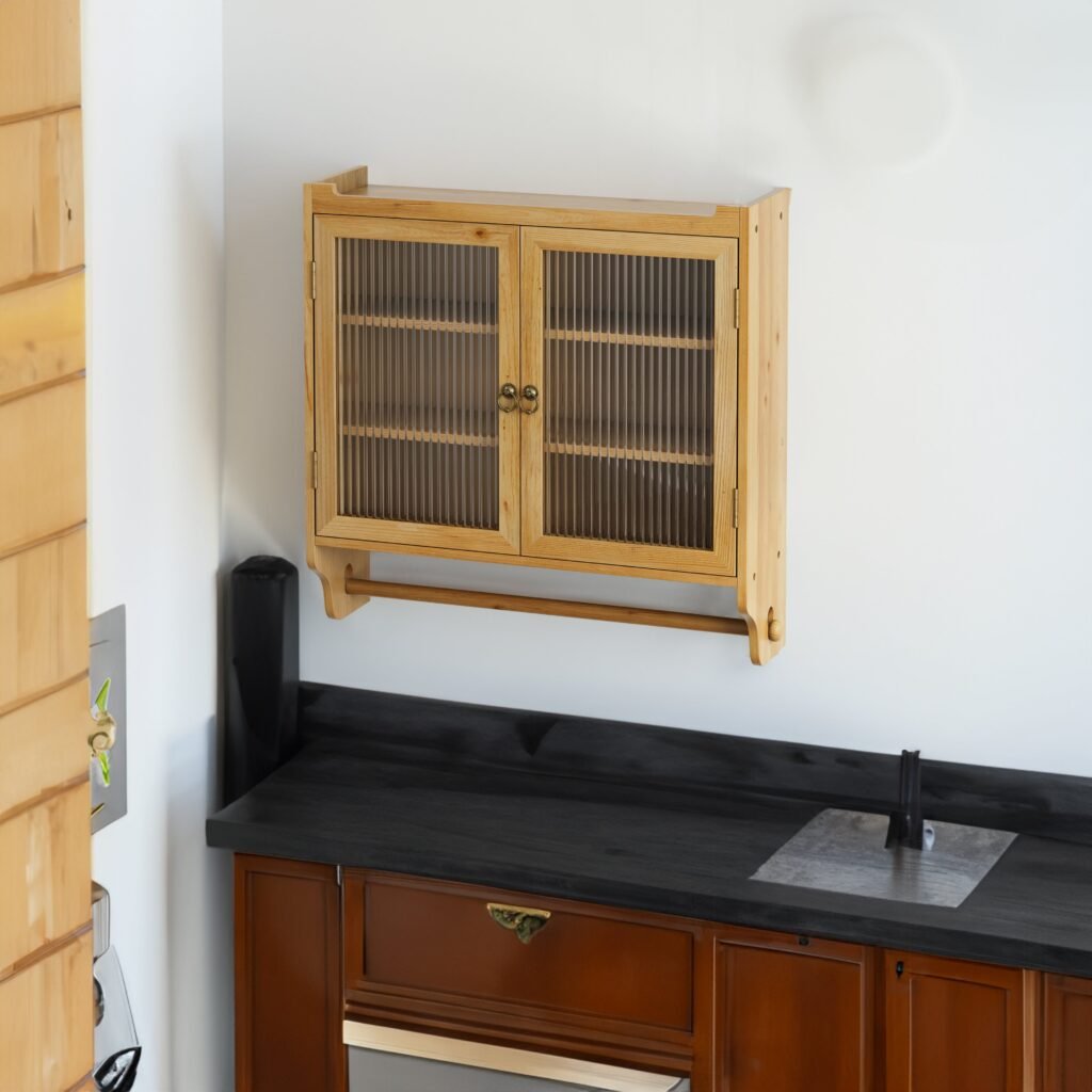 Wooden Wall Cabinet with Fluted Glass Doors and Towel Bar
