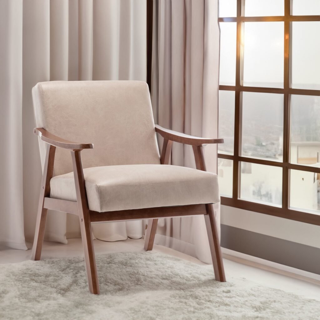 Mid-Century Accent Chair Cream Upholstery Solid Wood Frame