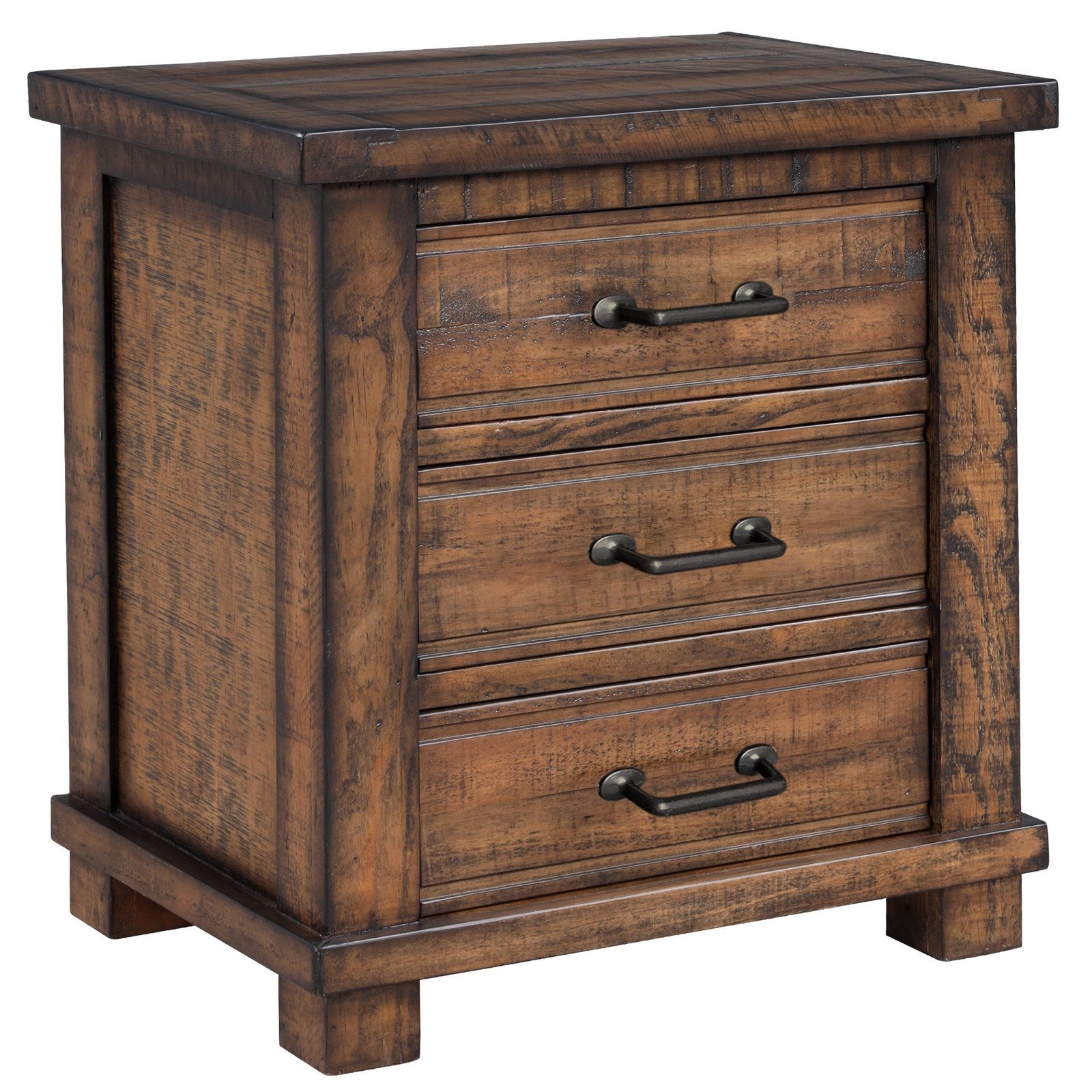 Rustic 3 Drawer Wood Nightstand With Metal Handles - Image 4