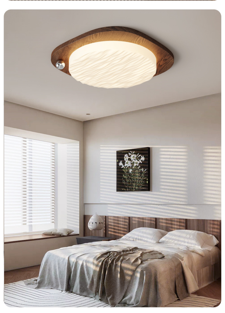 Retro LED Ceiling Lamp – Walnut Wood Grain 58cm Light