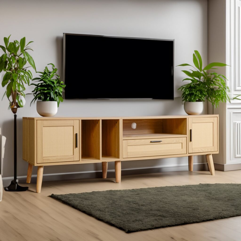 Natural Wood Rattan TV Stand With 2 Cabinets