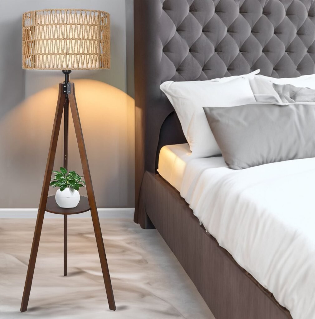 Boho Wood Tripod Floor Lamp with Shelf and Rattan Shade