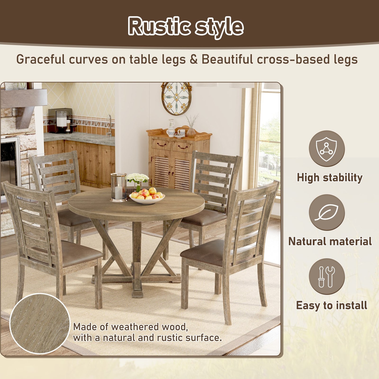 Set Of 2 Rustic Farmhouse Dining Chairs Distressed Wood Slat Back - Image 12