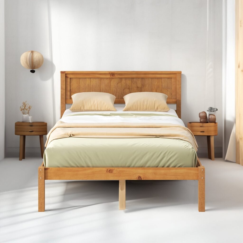 Full Platform Bed Frame with Low Panel Headboard, Honey Wood