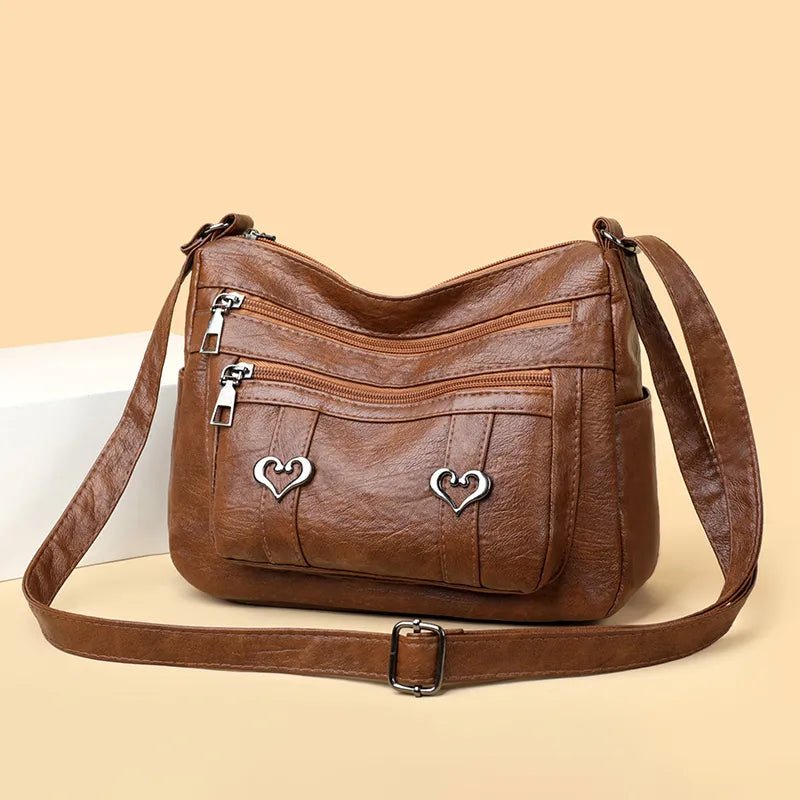 Camel PU Leather Crossbody Bag with Multiple Zip Pockets