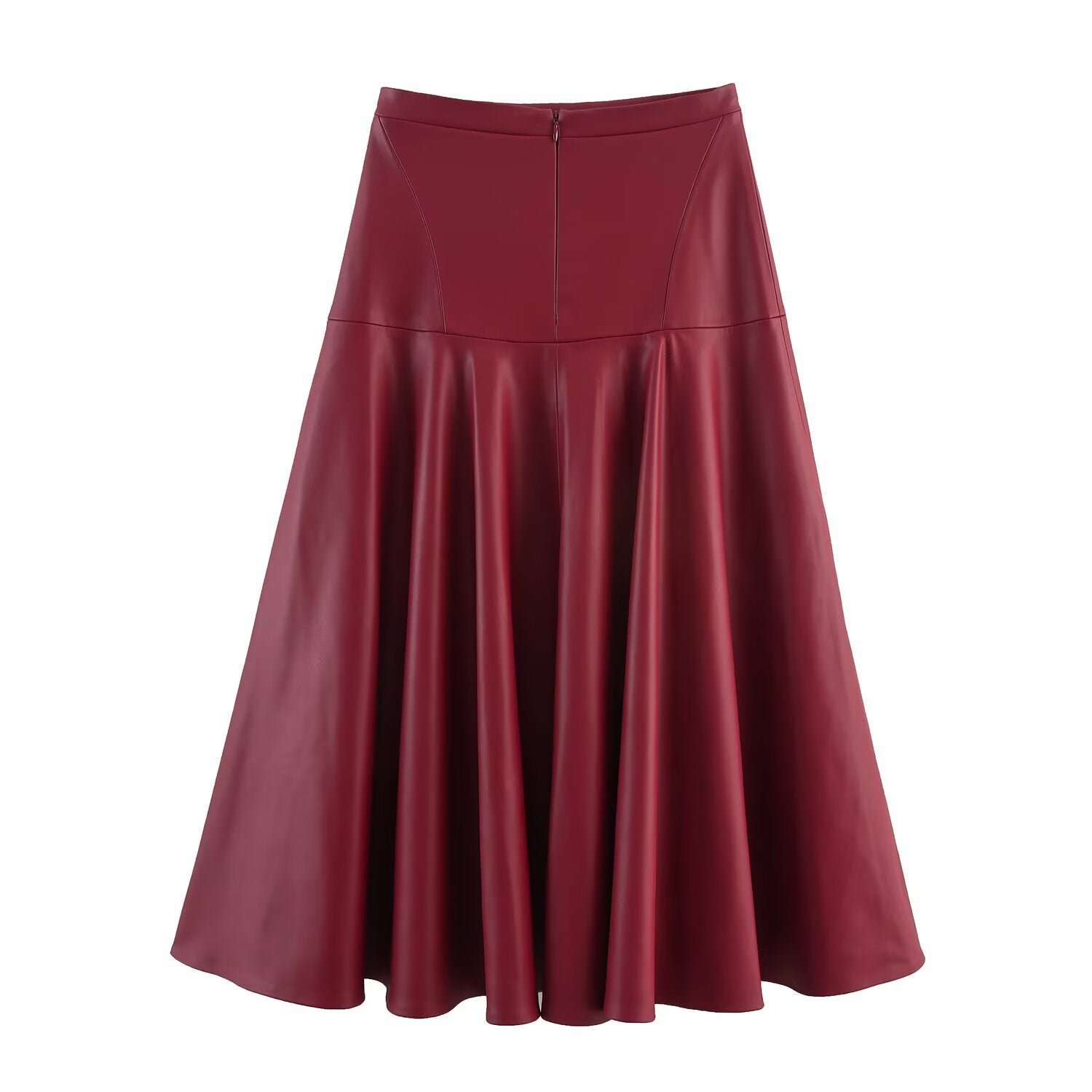 Red High-Waist Flared Faux Leather Midi Skirt - Image 2