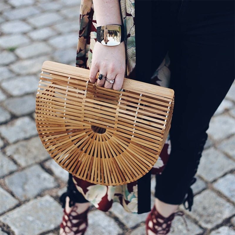 Wooden Bamboo Clutch – Hollow Woven Summer Beach Handbag