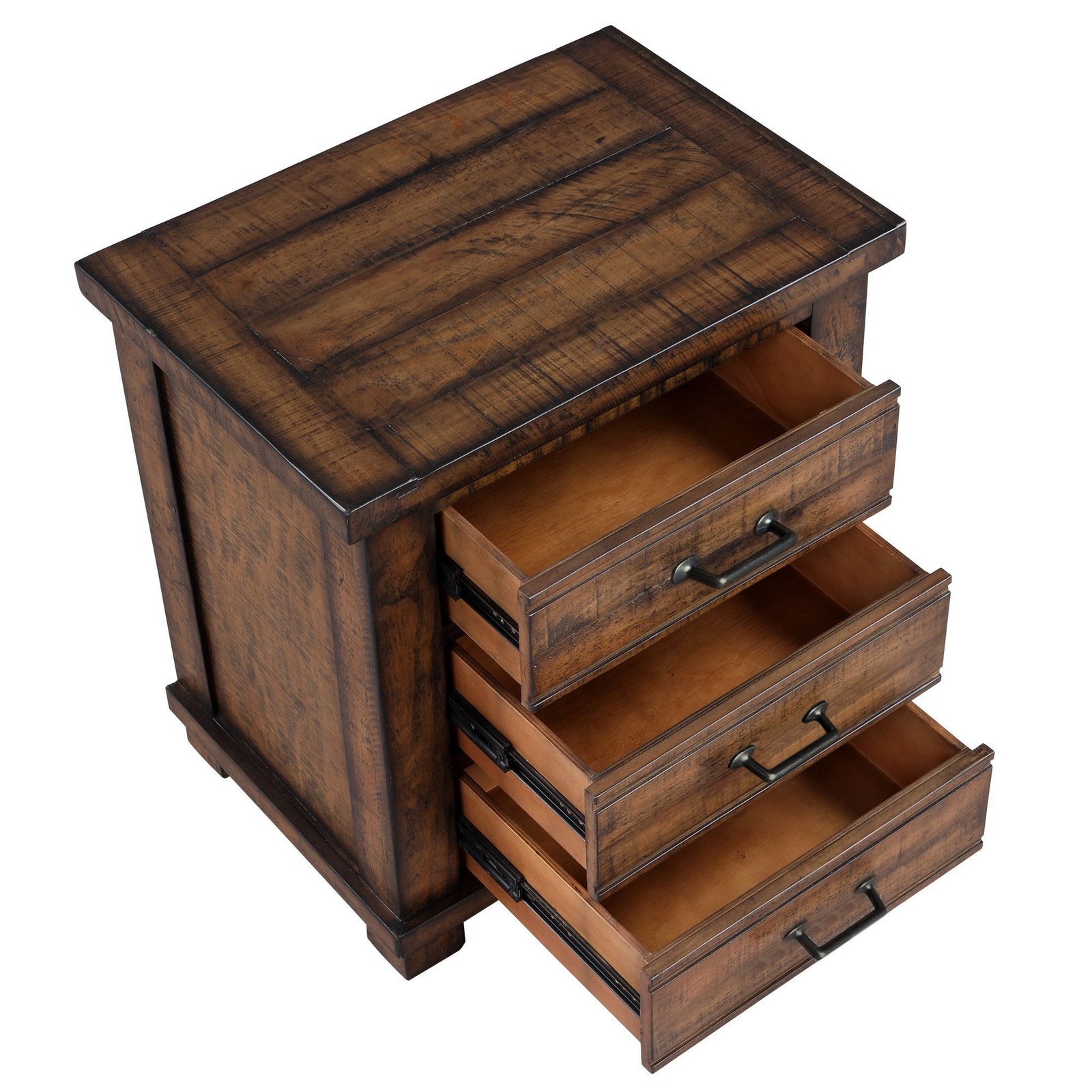 Rustic 3 Drawer Wood Nightstand With Metal Handles - Image 2