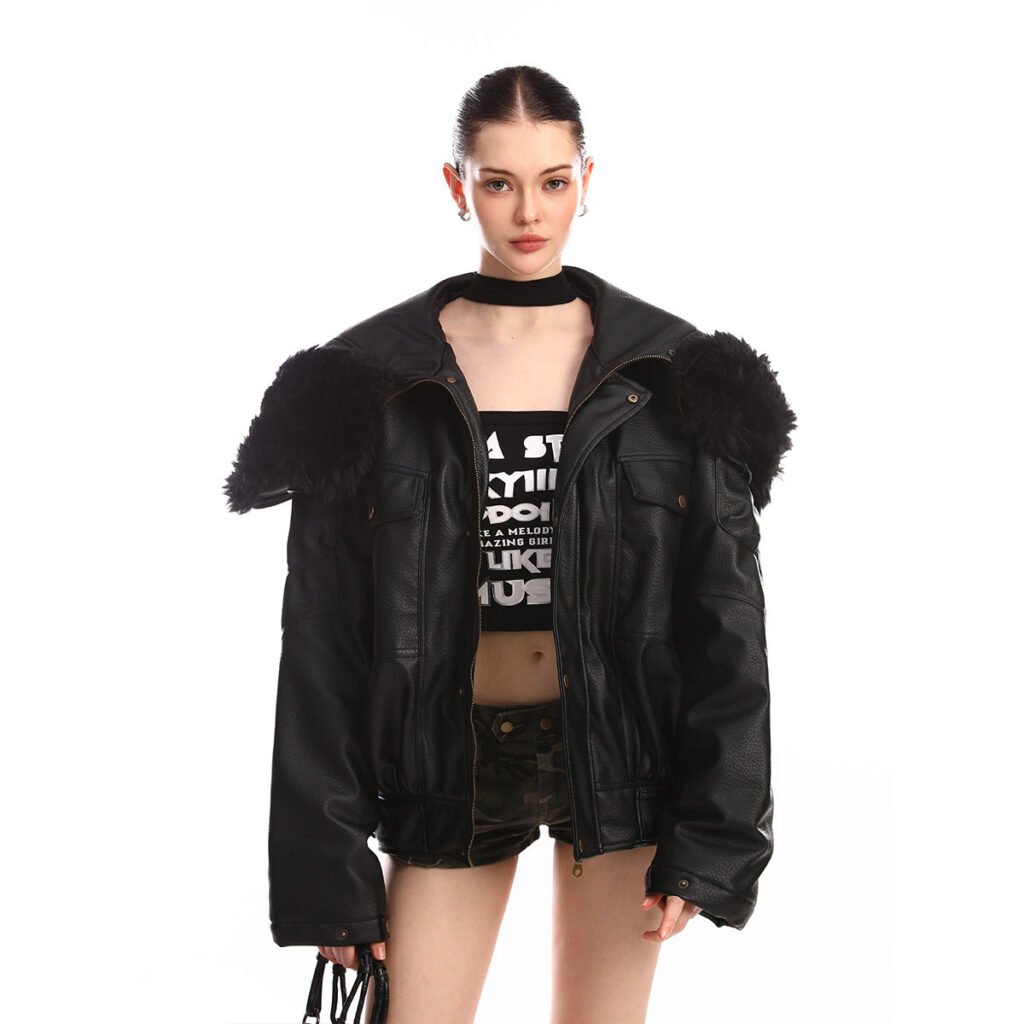 Black Hooded Faux Leather Jacket With Fur Trim
