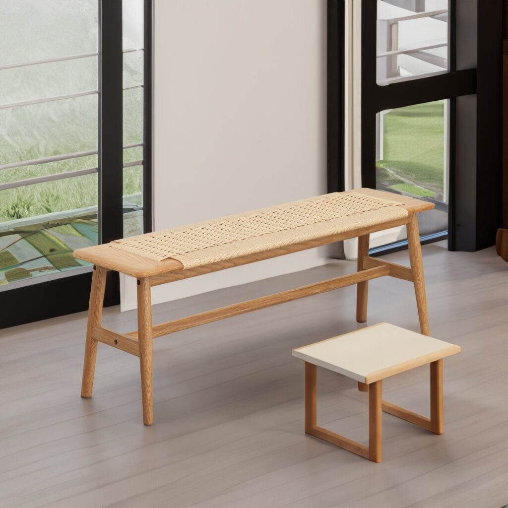 Oak Dining Bench with Handwoven Cane Seat