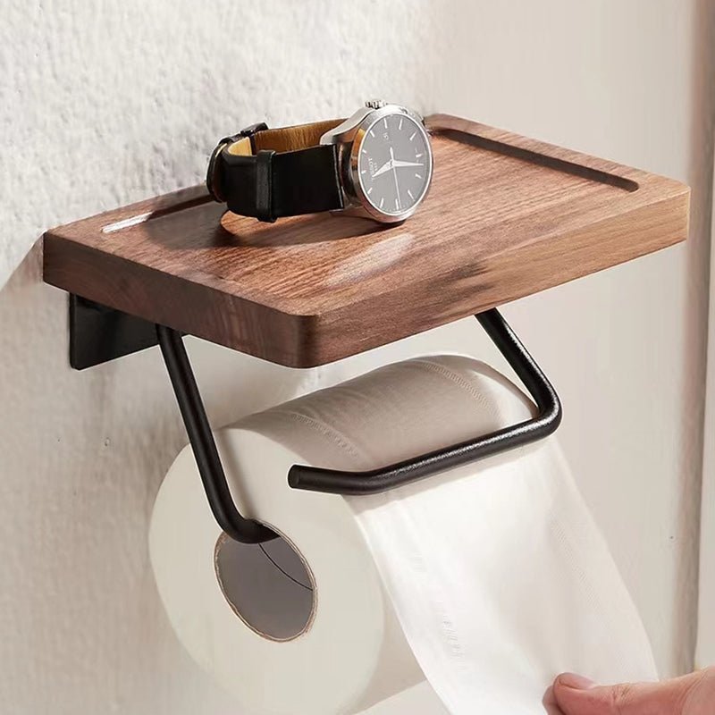 Walnut Wood Toilet Paper Holder With Shelf