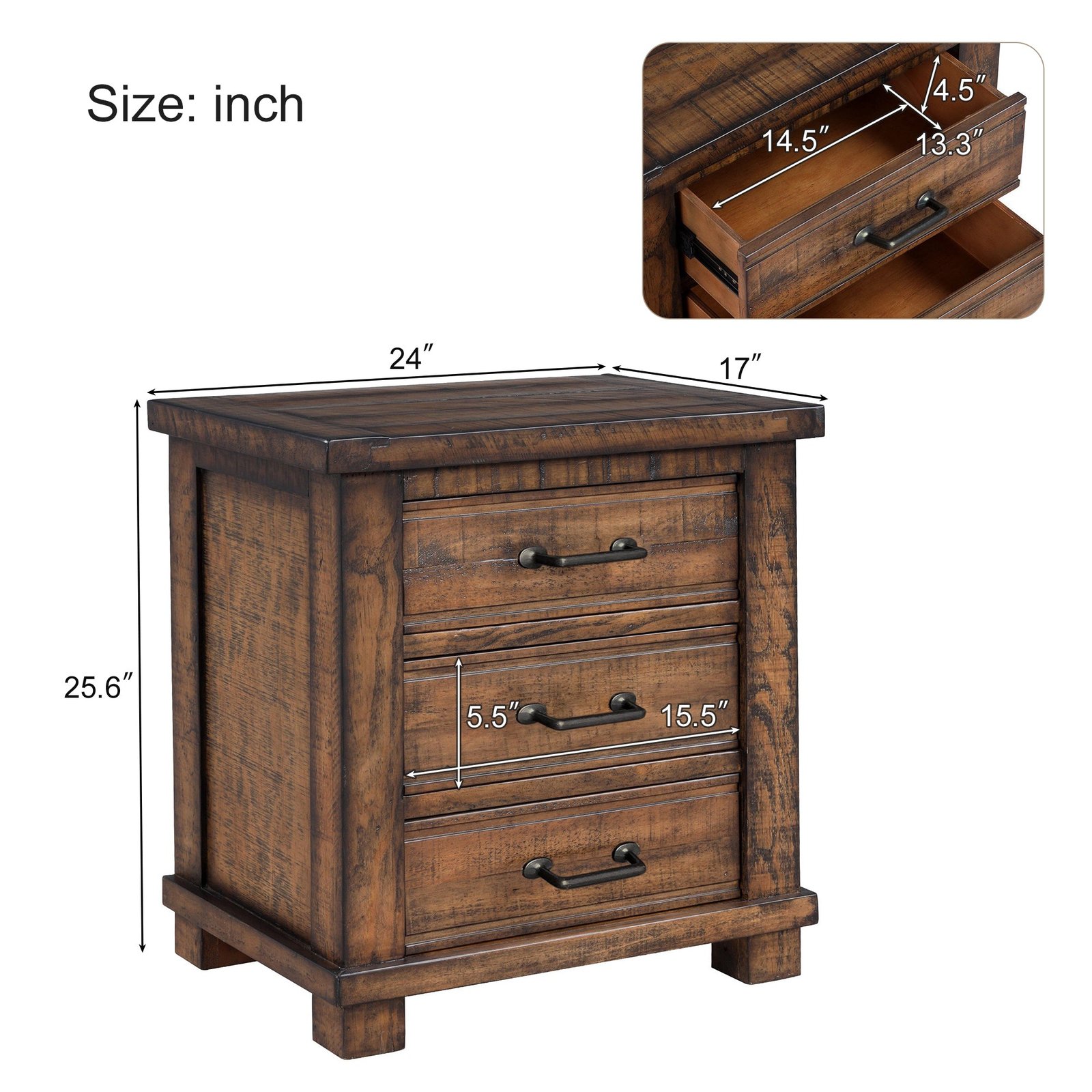 Rustic 3 Drawer Wood Nightstand With Metal Handles - Image 3
