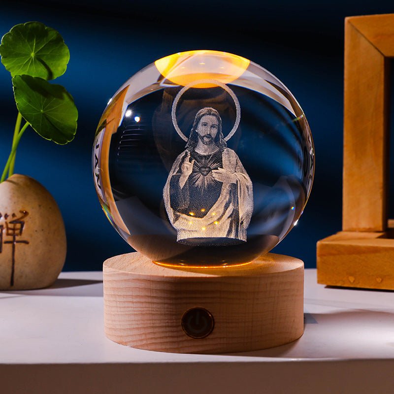 3D Engraved Jesus Crystal Ball Lamp With Wooden Base