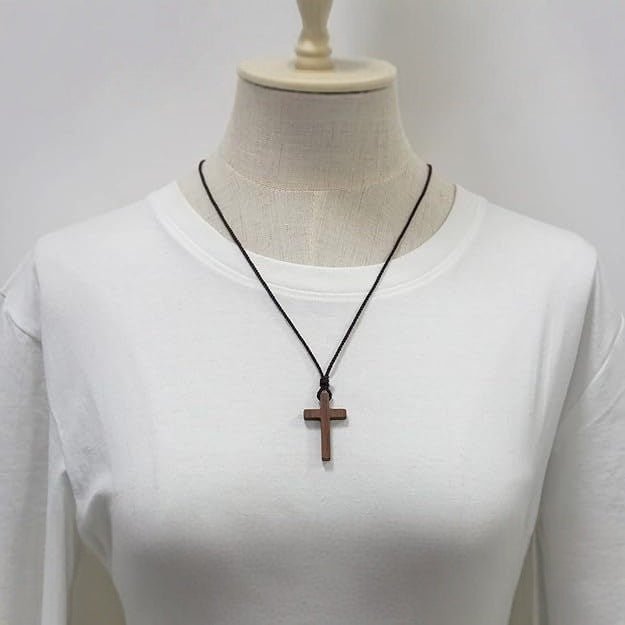 Natural Wood Cross Pendant Necklace on Adjustable Cord - Image 3