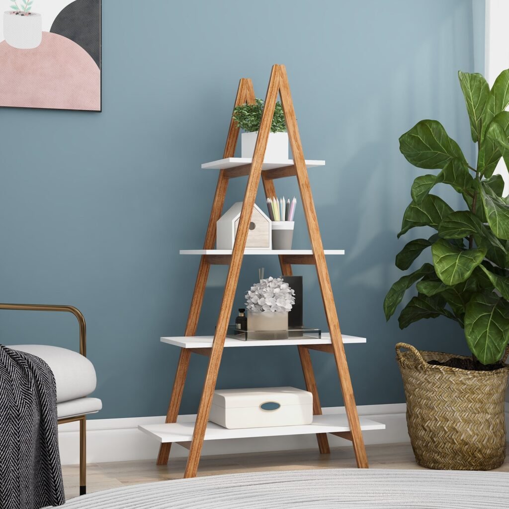 4 Tier A Frame Ladder Bookshelf, Wood and White