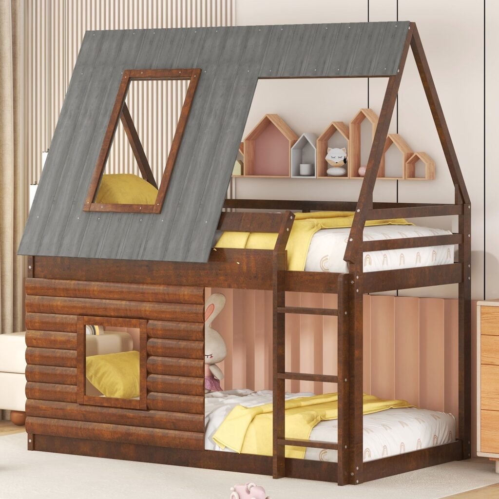 Wooden Twin House Bunk Bed with Roof, Ladder and Window
